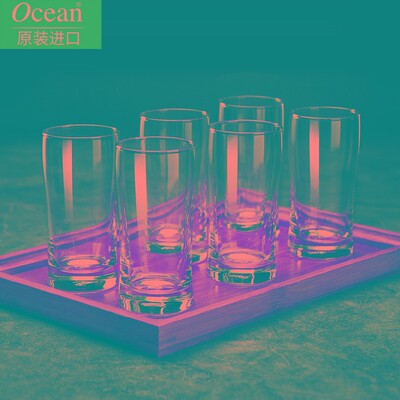 Ocean进口耐热玻璃水杯家用可微波炉诗贝尔235ml6件套带托盘杯架