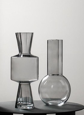 现代简约灰色透明糖果形水培大肚玻璃花瓶家居客厅软装饰品插花器