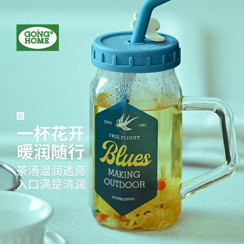 玻璃水杯女式养生茶杯高端泡茶杯带盖带把手食品级耐高温喝水杯