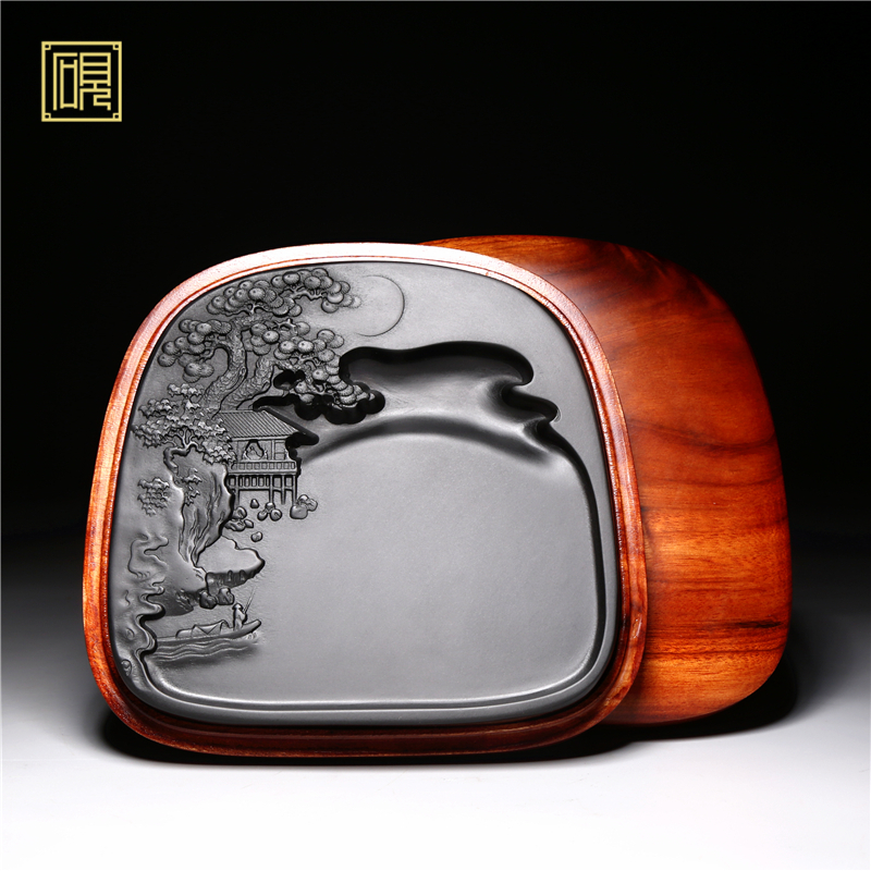 安徽歙砚 名师设计山水文人砚台 精品天然老坑原石黑龙尾歙砚文房