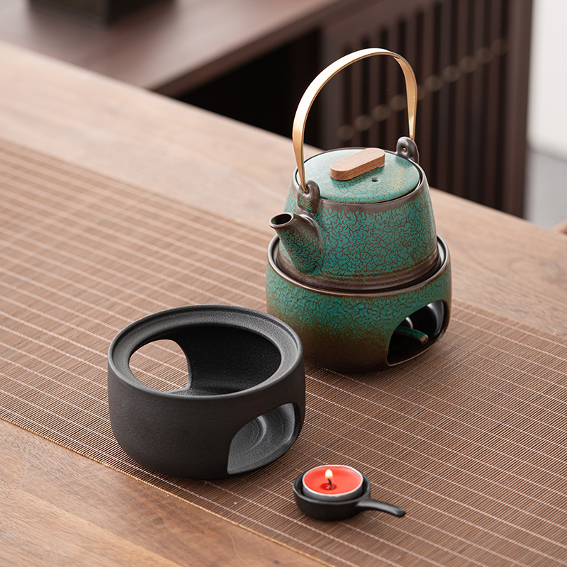提梁壶陶瓷茶壶功夫暖茶炉单壶煮茶器蜡烛加热底座粗陶温茶炉套装