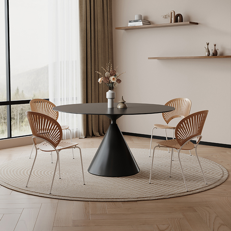 圆形可旋转伸缩岩板沙漏餐桌椅组合侘寂风白色小户型简约现代家具