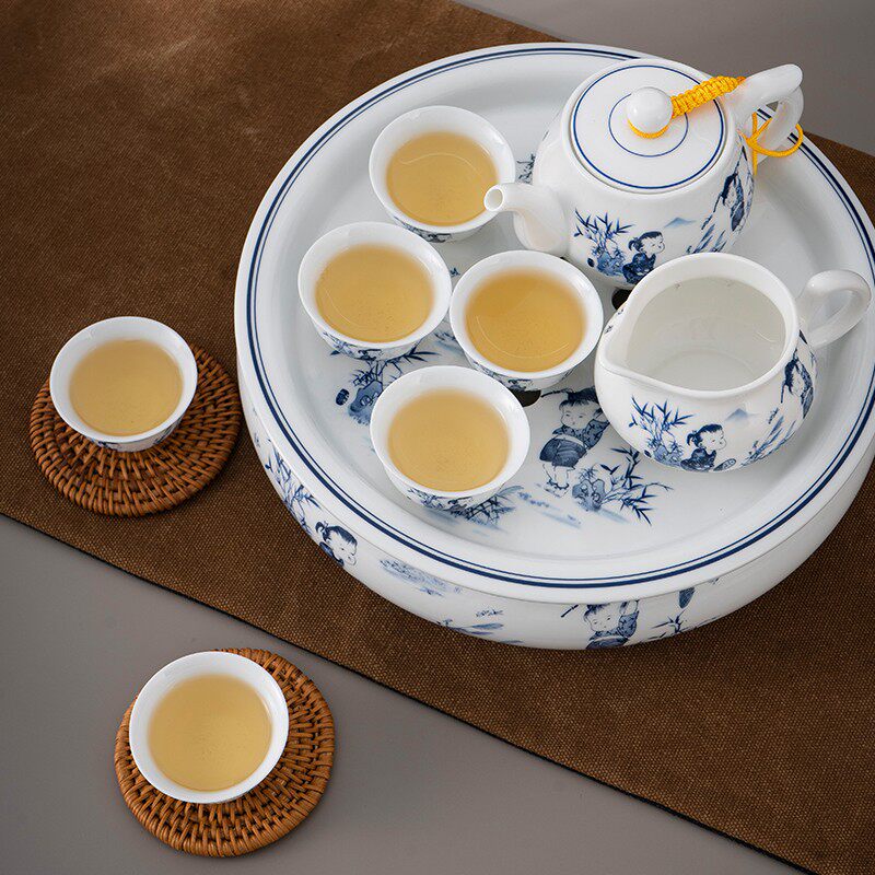 整套潮汕功夫茶具套装客厅商用中式茶壶青花陶瓷10英寸圆形茶盘