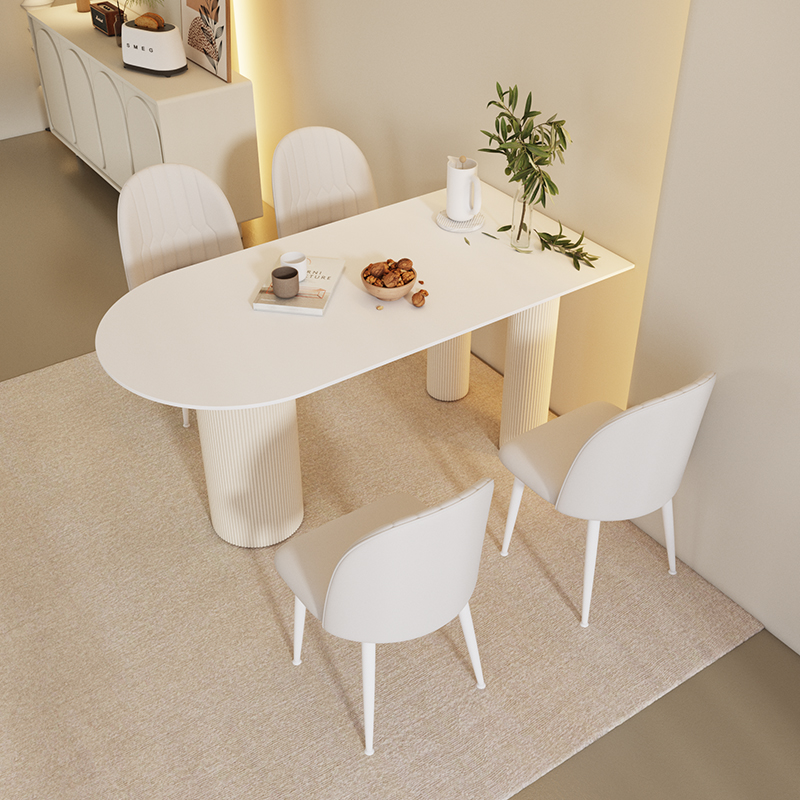 奶油风岩板餐桌椅组合家用小户型一体简约法式圆形纯白半圆中岛桌