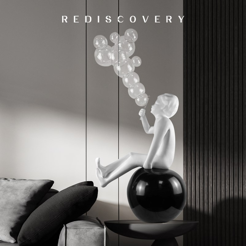 现代卡通大型落地软装吹泡泡人物雕塑摆件玄关大堂样板房艺术装置