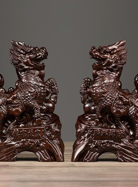 黑檀木雕刻麒麟摆件一对实木雕刻仿古卧室工艺品家居客厅红木装饰