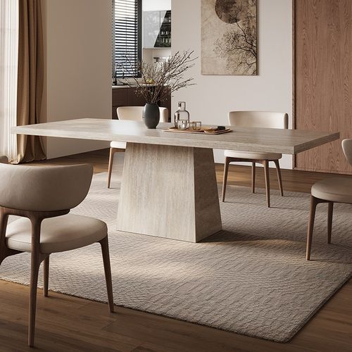 古调洞石岩板家用意式极简小户型高级感2024新款长方形餐桌椅组合