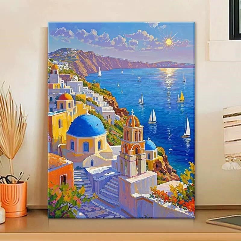 圣托里尼-diy数字油画手绘丙烯画手工填充风景填色丙烯油彩装饰画