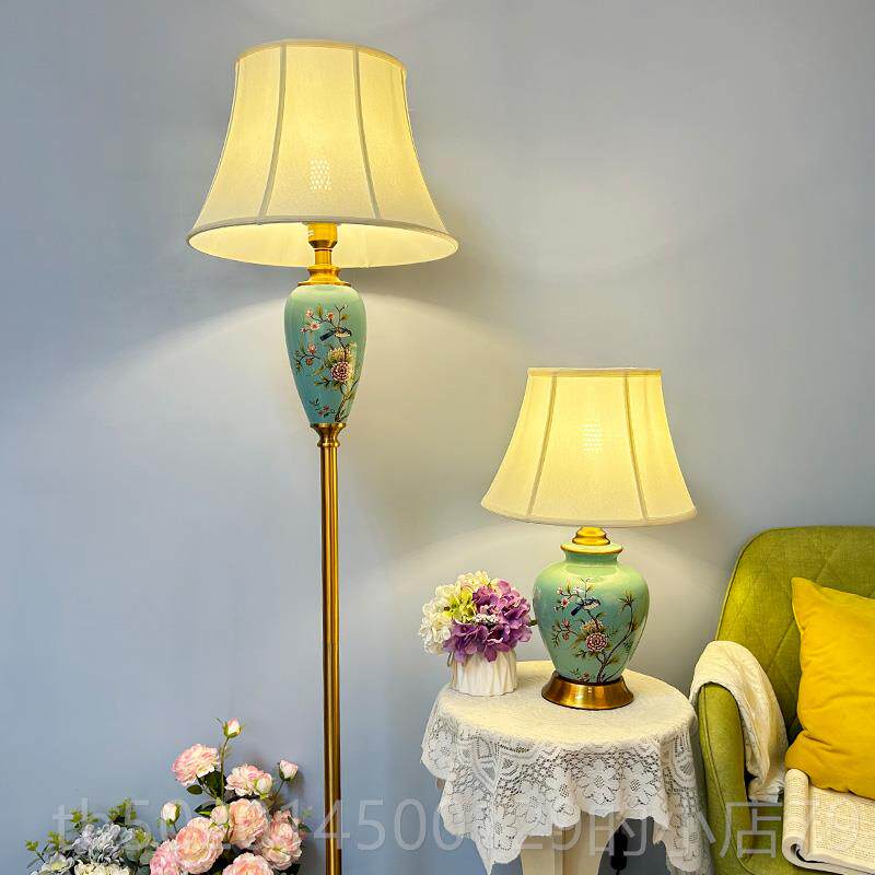 高档古美式花田园落地灯卧客厅欧式覆立式台灯室布艺陶瓷蓝色手绘