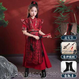 高档中风格的表演服儿童服装花木兰代女孩男孩骑士装国客风格红色