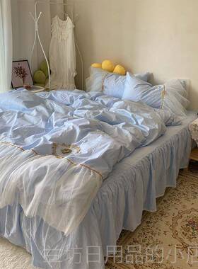 高档蓝色公主风全棉裙床件套IN上S小清床新四纯棉被套少女心蕾丝