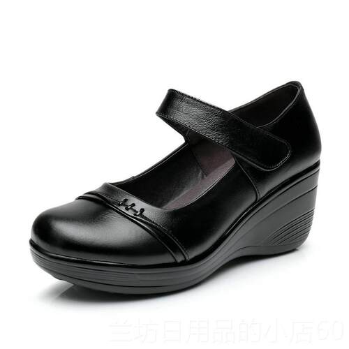 高档真皮坡女鞋深口魔术贴单鞋松糕绒厚底防水台妈妈棉皮鞋加跟低
