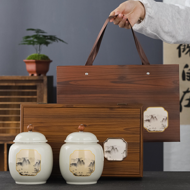 陶瓷茶叶罐包装木盒通用半斤装龙井绿茶红茶白茶普洱双罐空盒定制