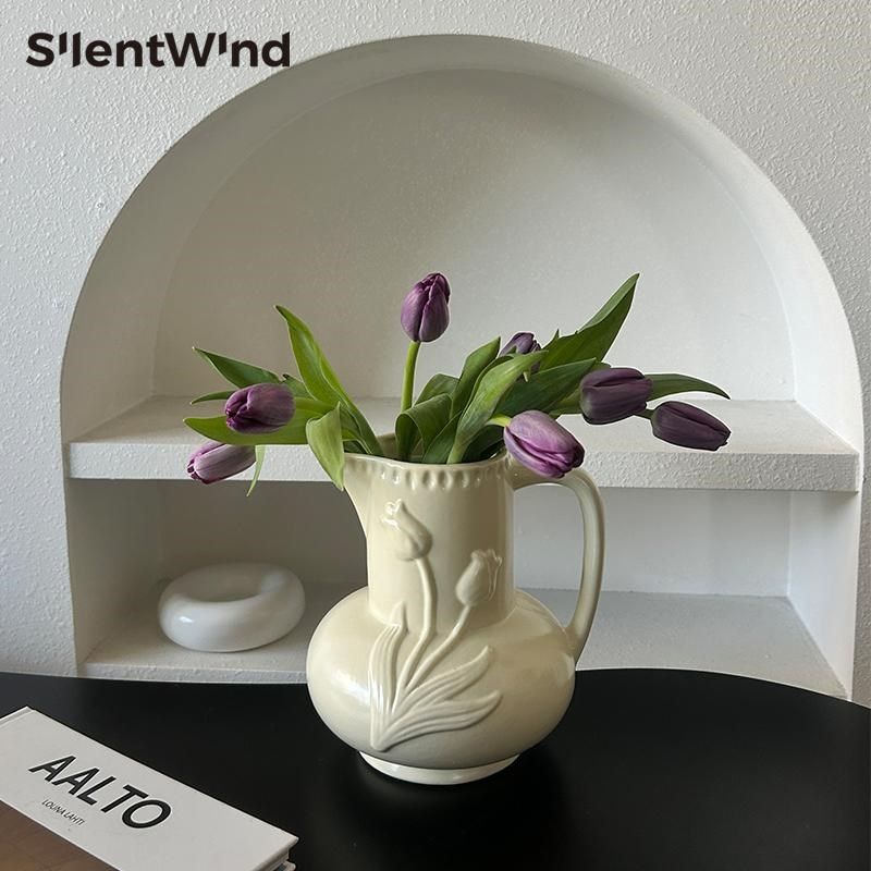 SilentWind法式奶油风浮雕小奶壶提手陶瓷花瓶家居桌面插鲜花摆件