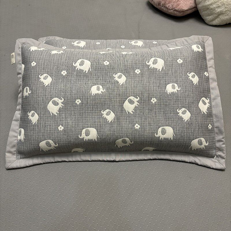 全棉色织提花三层纱布夹棉枕套  活性印染加厚款儿童枕头罩大象灰