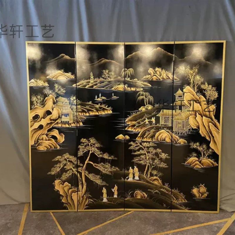 定制黑色底描金山水手绘漆画隔断玄关移动折屏背景墙中古屏风中式