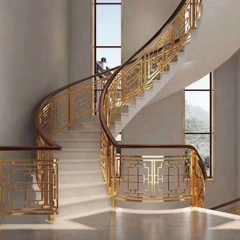 高端别墅楼梯扶手栏杆旋转弧形铝艺铝合金铜艺自建房室内家用护栏