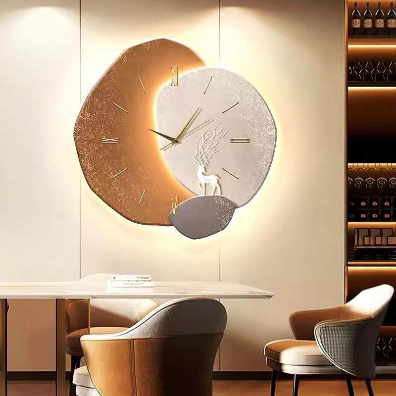 石来运转餐厅装饰画钟表挂钟现代简约客厅餐桌高档静音家用时钟