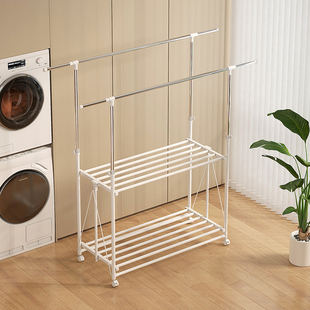晾衣架落地家用室内阳台免安装折叠晒衣架可移动双杆伸缩衣帽架子