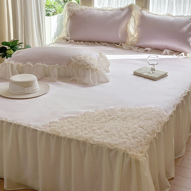 夏季少女心冰丝凉席三件套可水洗刺绣床裙款1.5/1.8m空调软席垫子