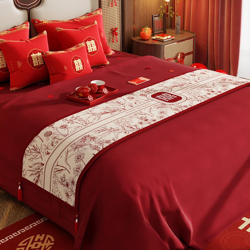 结婚喜庆床旗婚房喜事喜庆装饰布置床尾巾氛围感酒店喜字床尾床盖