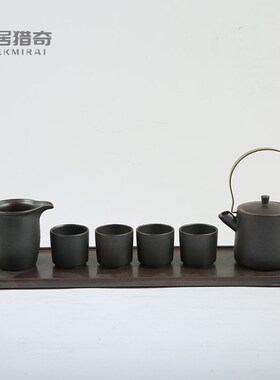 中式复古简约黑色陶瓷茶壶茶杯茶具样板房家居客厅茶几装饰工艺品