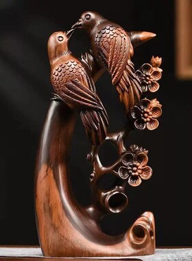 黑檀木雕喜上眉梢喜鹊摆件家居客厅电视柜根雕红木工艺品乔迁送礼