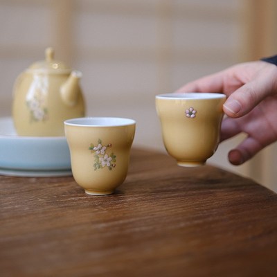 小谦山房娇黄花卉福禄杯粉彩手绘中式主人杯品茗杯女士小茶杯茶具