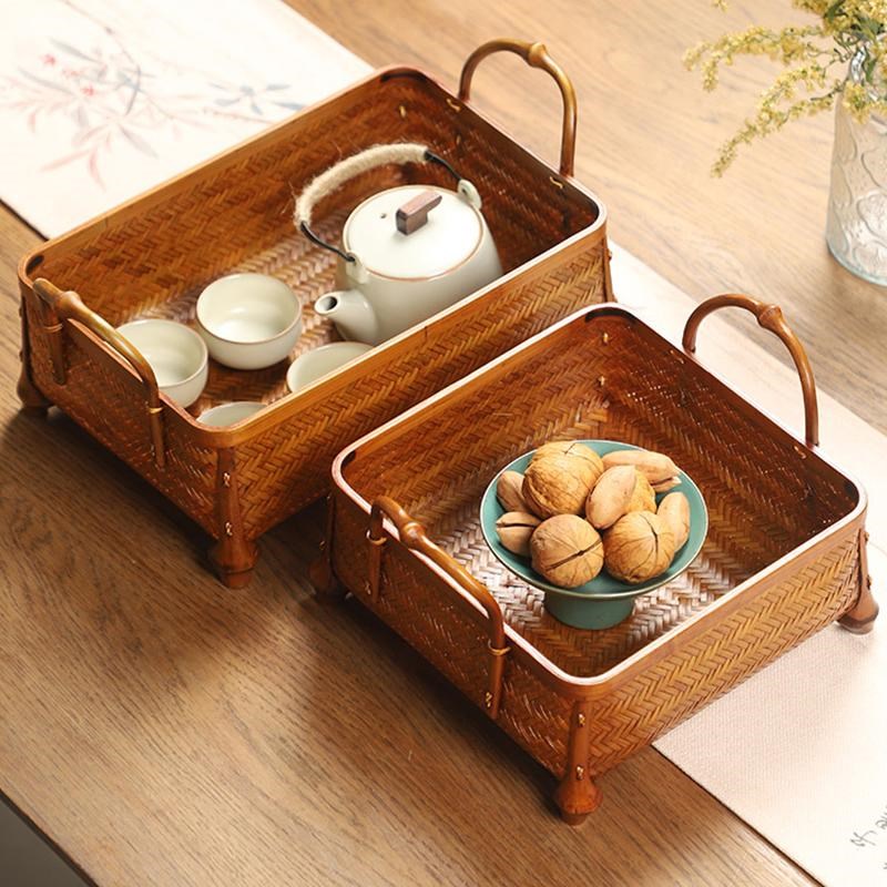 中式大漆竹编家用收纳筐筇竹提手水果篮提篮复古竹筐长方形整理盒