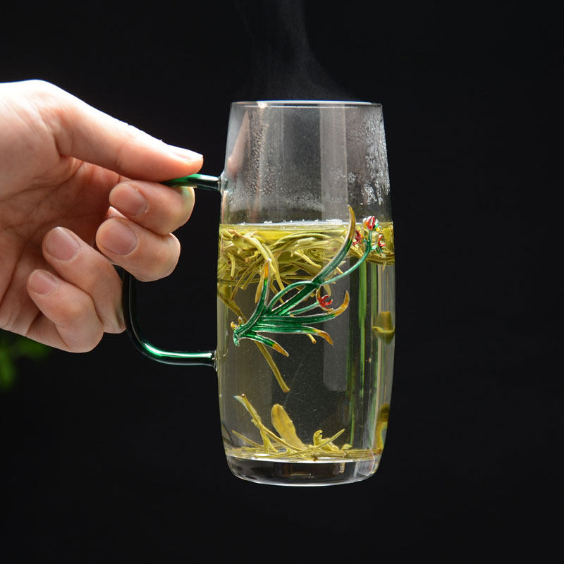 耐热玻璃绿茶杯加厚泡茶杯家用办公室喝茶杯子花茶杯水杯镶锡单个