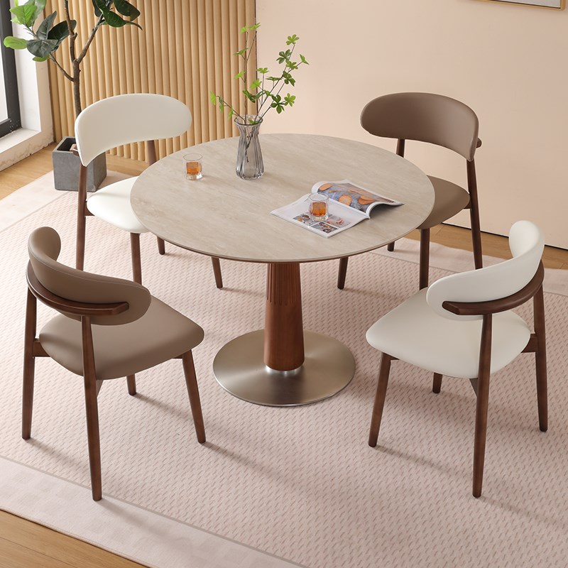 中古圆餐桌法式实木岩板圆桌简约家用小户型纯白纯黑餐厅餐桌圆形