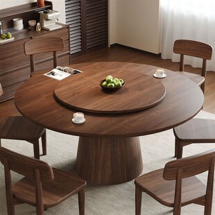 中古风圆桌胡桃木原木餐桌椅子实木家用桌吃饭桌子实木转盘饭桌