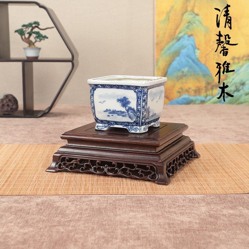 实木托中式镂空雕刻印章方形奇石头花瓶盆景茶壶玉器瓷器摆件底座