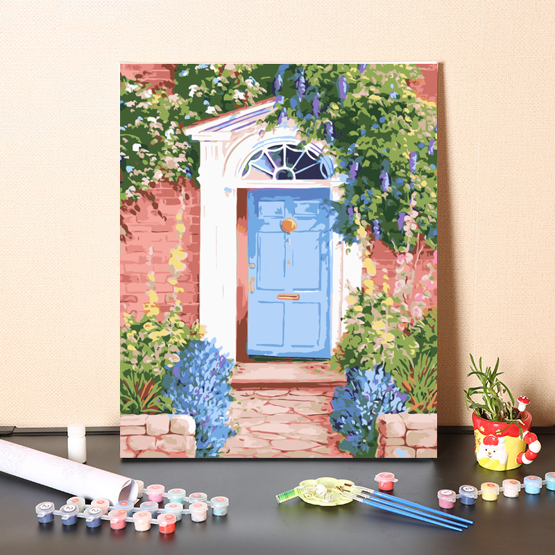数字油画diy手工填充清新花门庭院手绘涂色客厅装饰丙烯油彩画画