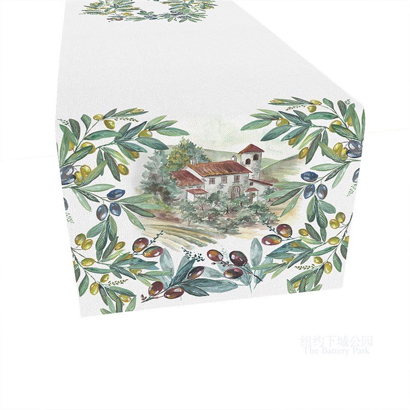 现 纽约下城公园进口意式风情水彩亚平宁庄园橄榄树防水桌旗桌布