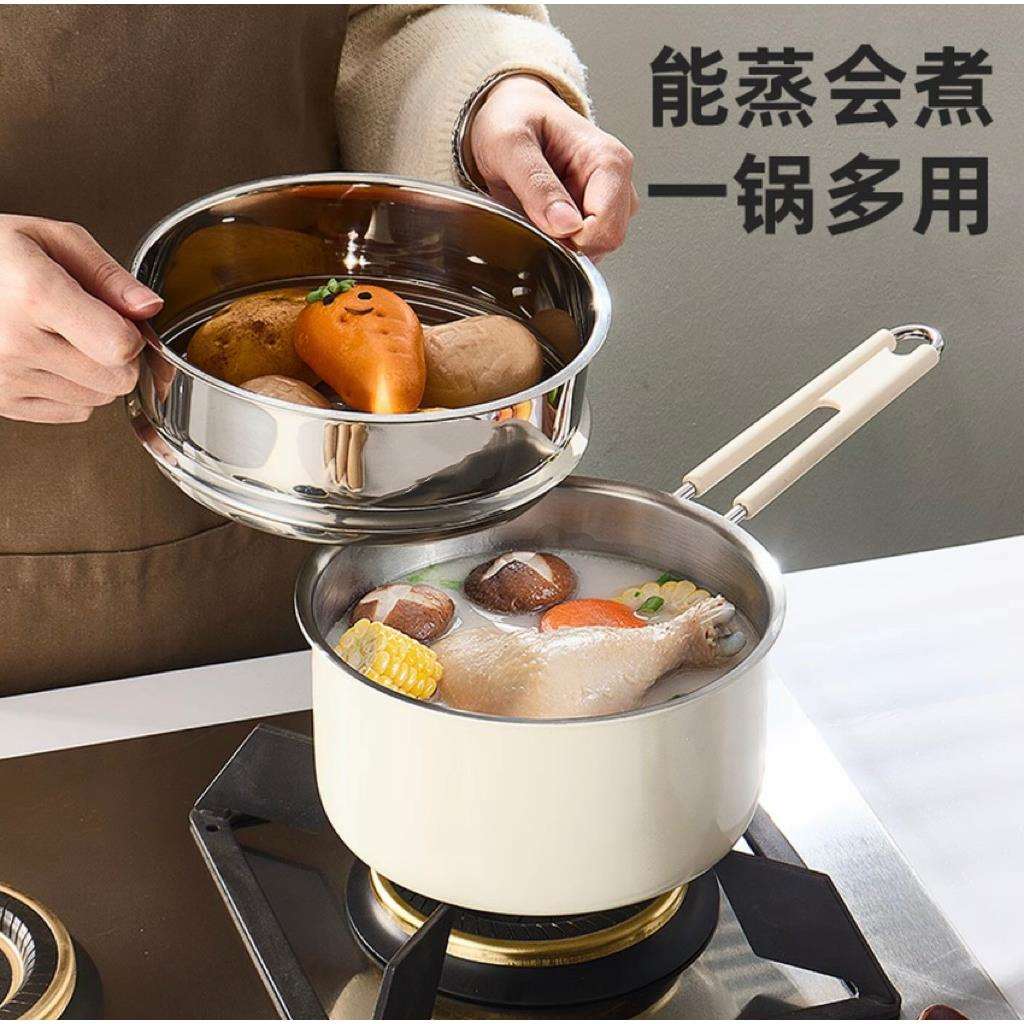 无涂层食品级304三层钢陶钢宝宝辅食锅奶锅煎煮一体汤锅煮奶热奶