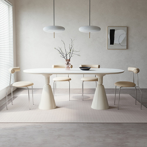 奶油风意式极简岩板餐桌椅组合小户型家用圣杯桌现代简约吃饭桌子