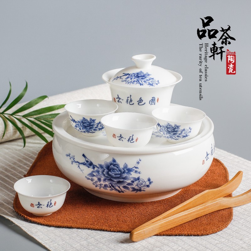 潮州陶瓷青花瓷骨瓷家用简约小号整带圆形茶盘高档功夫茶具装