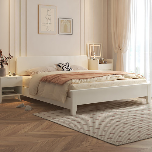 奶油风实木床现代简约1.5米1.8大床双人床主卧室单人经济小户型床