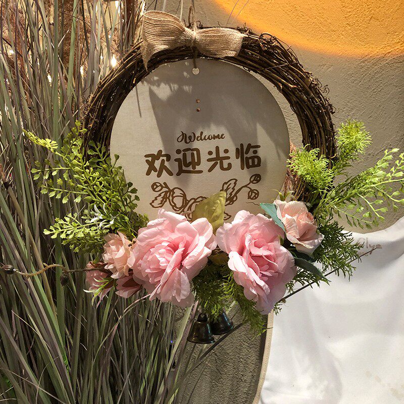 定制欢迎光临花环装饰铃铛门牌店主有事外出马上回来电话提示木牌