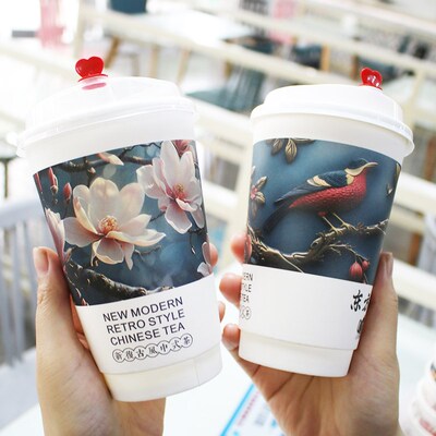 加厚双层奶茶杯一次性纸杯带盖国风商用热饮防烫豆浆咖啡杯定制