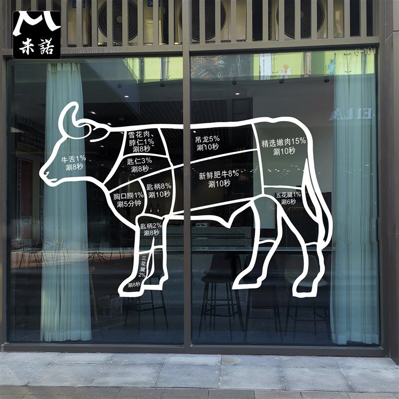 白色涮牛肉时间落地玻璃贴纸窗花墙贴火锅饭店无胶静电布置装饰