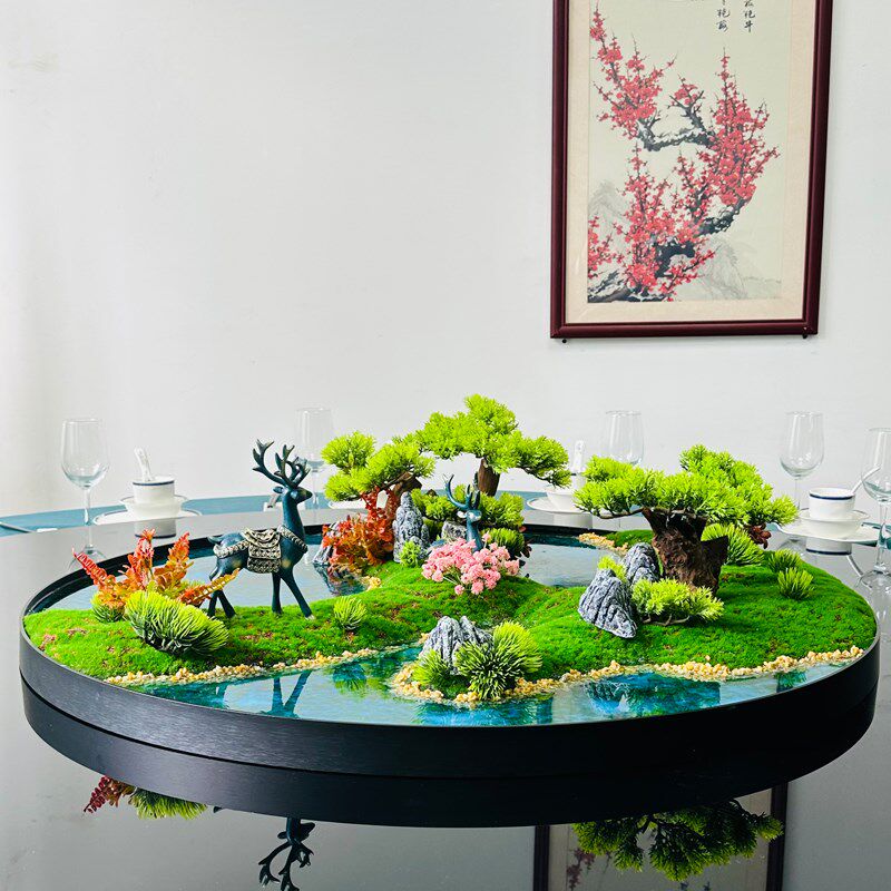 酒店餐桌转盘中间摆件微缩景观造景装饰创意山水桌花圆桌摆花摆设