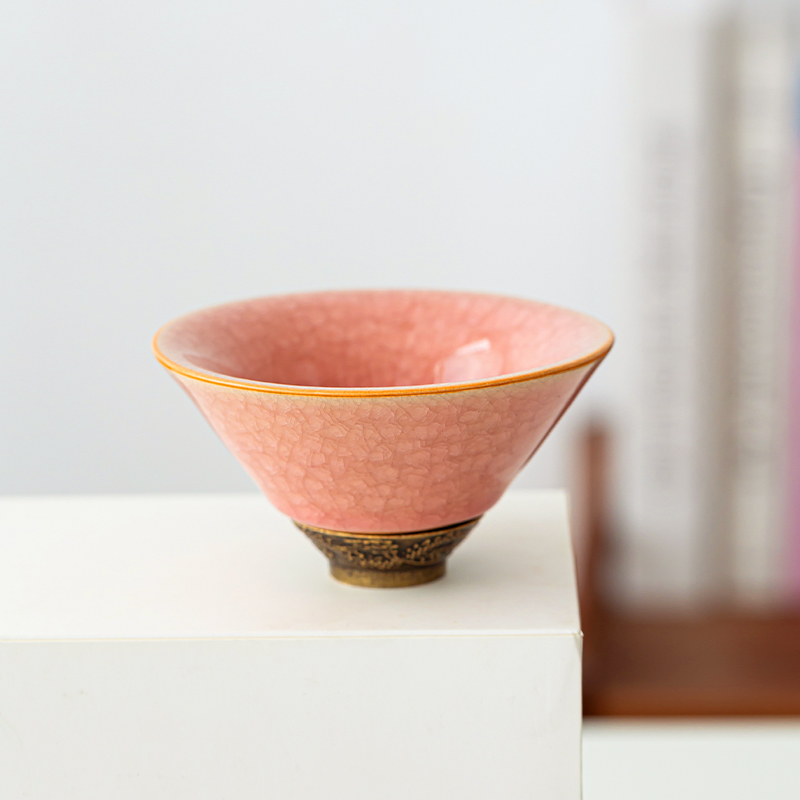 粉色斗笠杯陶瓷冰裂茶杯家用主人杯单斗笠杯女士专用茶具盏品茗杯