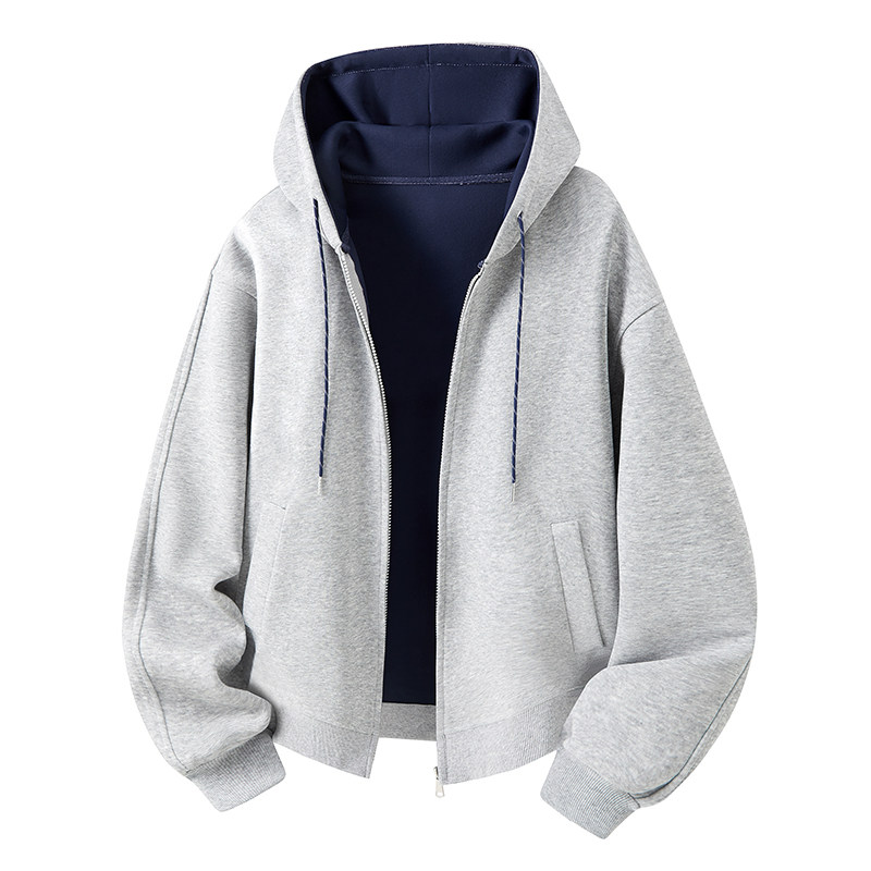 美式简约双色开衫加绒卫衣秋冬季新款百搭连帽宽松休闲情侣款上衣