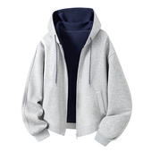 简约双色开衫 加绒卫衣秋冬季 新款 美式 百搭连帽宽松休闲情侣款 上衣