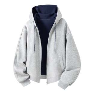 百搭连帽宽松休闲情侣款 美式 新款 加绒卫衣秋冬季 上衣 简约双色开衫