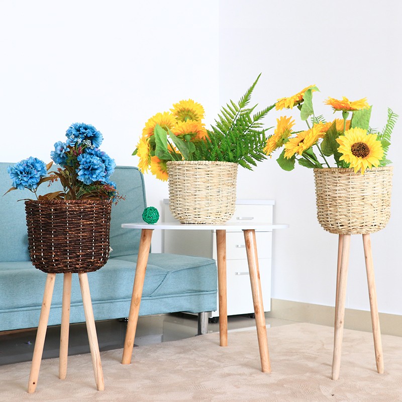 落地花架草编花篮藤编花盆欧式简约田园花器木质摆件家居地面装饰