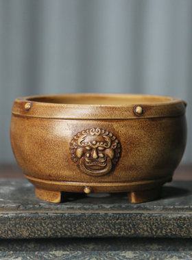 紫砂花盆仿古做旧兽面鼓丁圆形盆景盆小鼓盆兽钮菖蒲盆觅陶乡