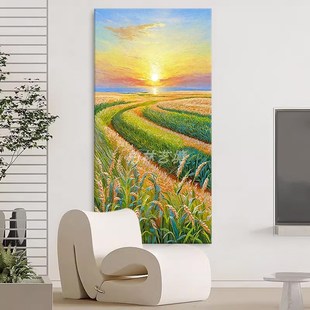 玄关海上日出东方手绘油画客厅丰收金色麦田装饰壁画抽象风景挂画